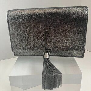 Saint Laurent Kate Tassel Clutch Silver Metallic Leather YSL